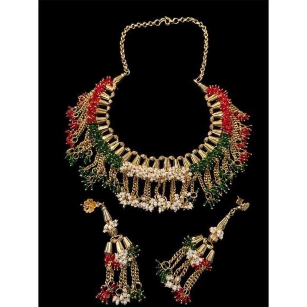 Christmas Red Green Short Beaded Jadau Kundan Choker Necklace Mogul Earrings Set